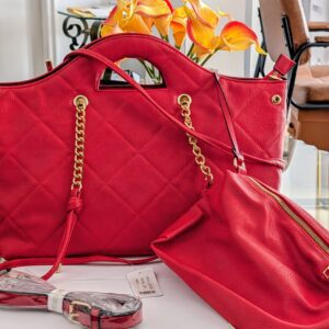 2 in 1 Red Quilted Large Tote Handbag